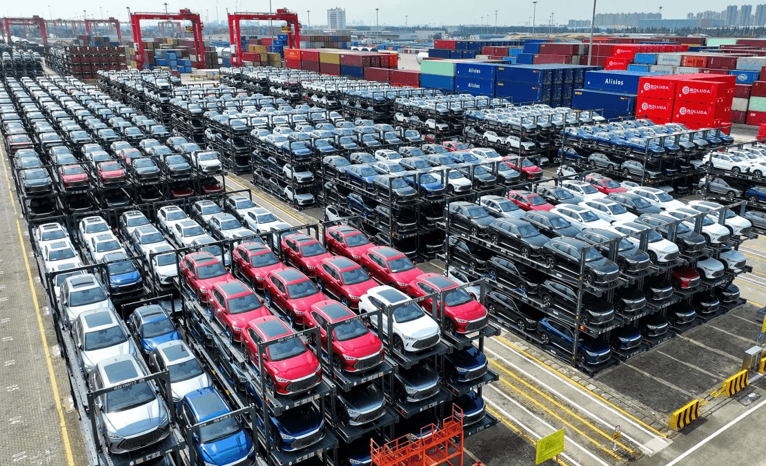 BYD cars waiting to be loaded onto a ship at the international container terminal at Suzhou Port, in China's eastern Jiangsu province, on September 11, 2023.